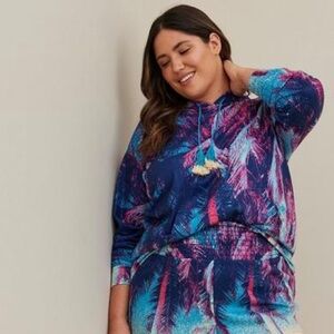 New Sz 5 Torrid Blue and Pink Palm Patterned Hoodie- pullover loungewear